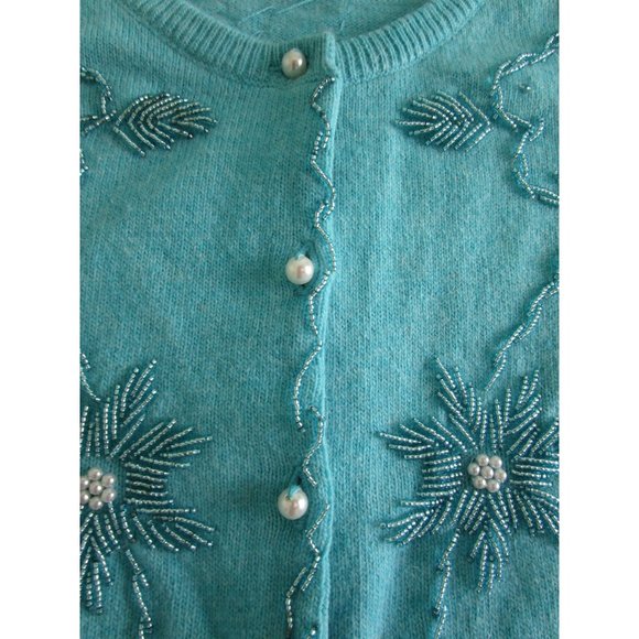 Lucky Brand Light Blue Beaded Cardigan Faux Pearl Button Wool Blend Ladies L EUC - Picture 14 of 16